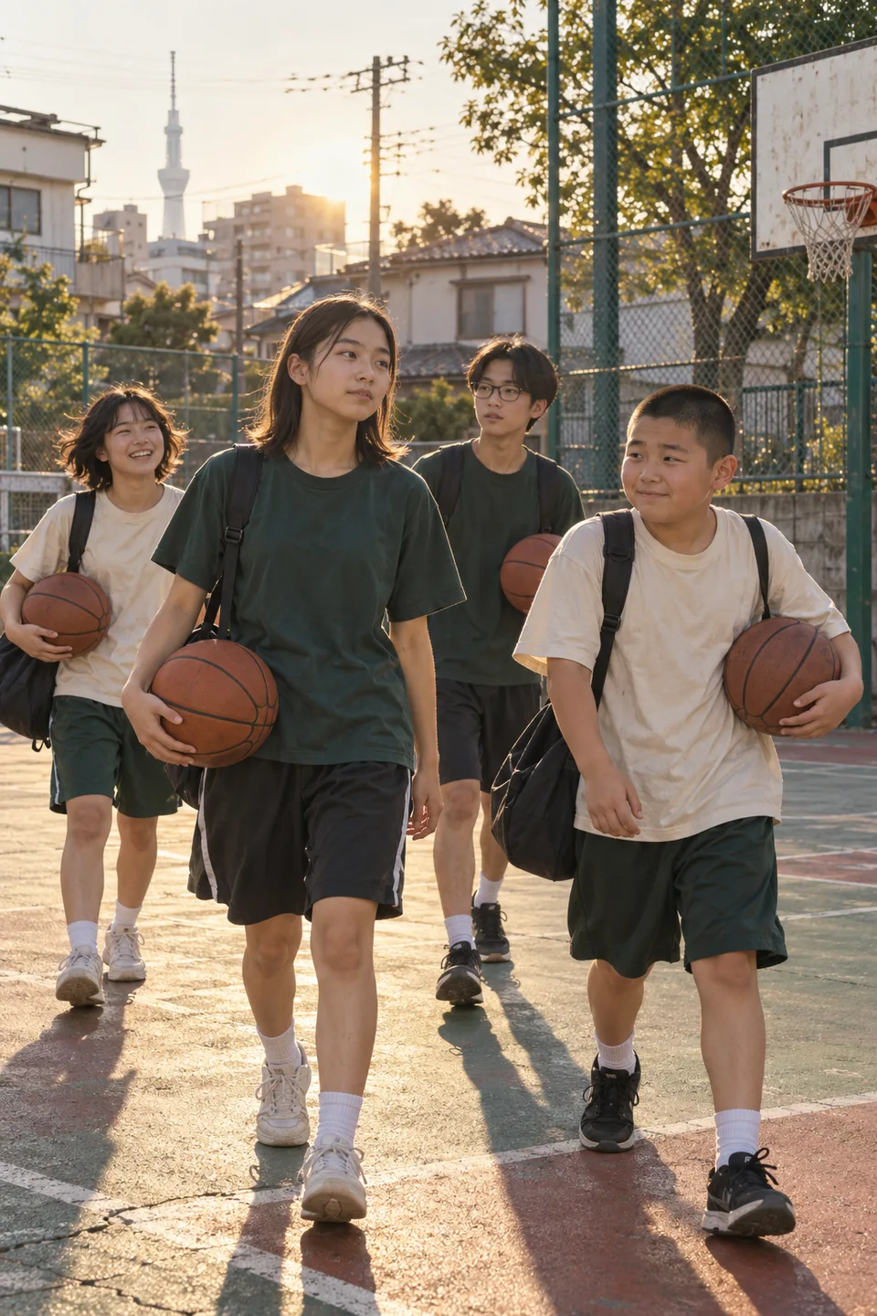夕方の屋外コートを歩くU15男女の生成イメージ