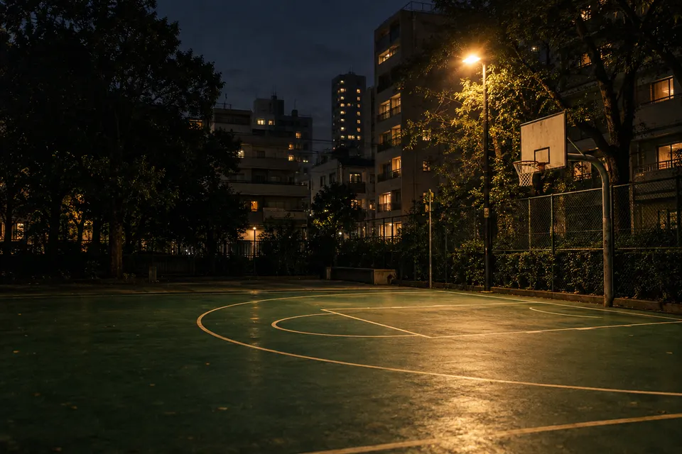 照明が灯る夜の街のコートを描いた生成イメージ